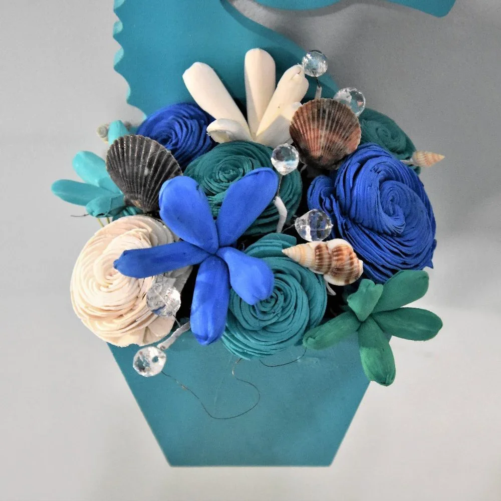 Ocean/Beach theme wall hanging seahorse planter with Sola wood flowers in ocean